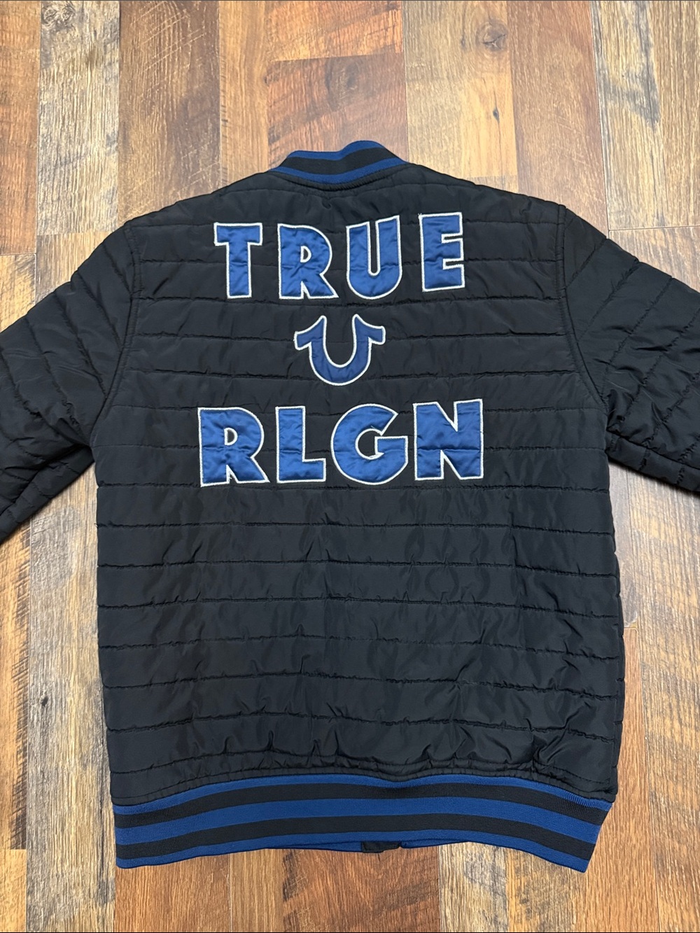 True Religion Boys L Black Blue Quilted Bomber Jacket Logo Spellout